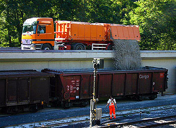 Tonverladung im Bahnhof Löhnberg am 09.09.2004. Foto: Hans-Peter Günther